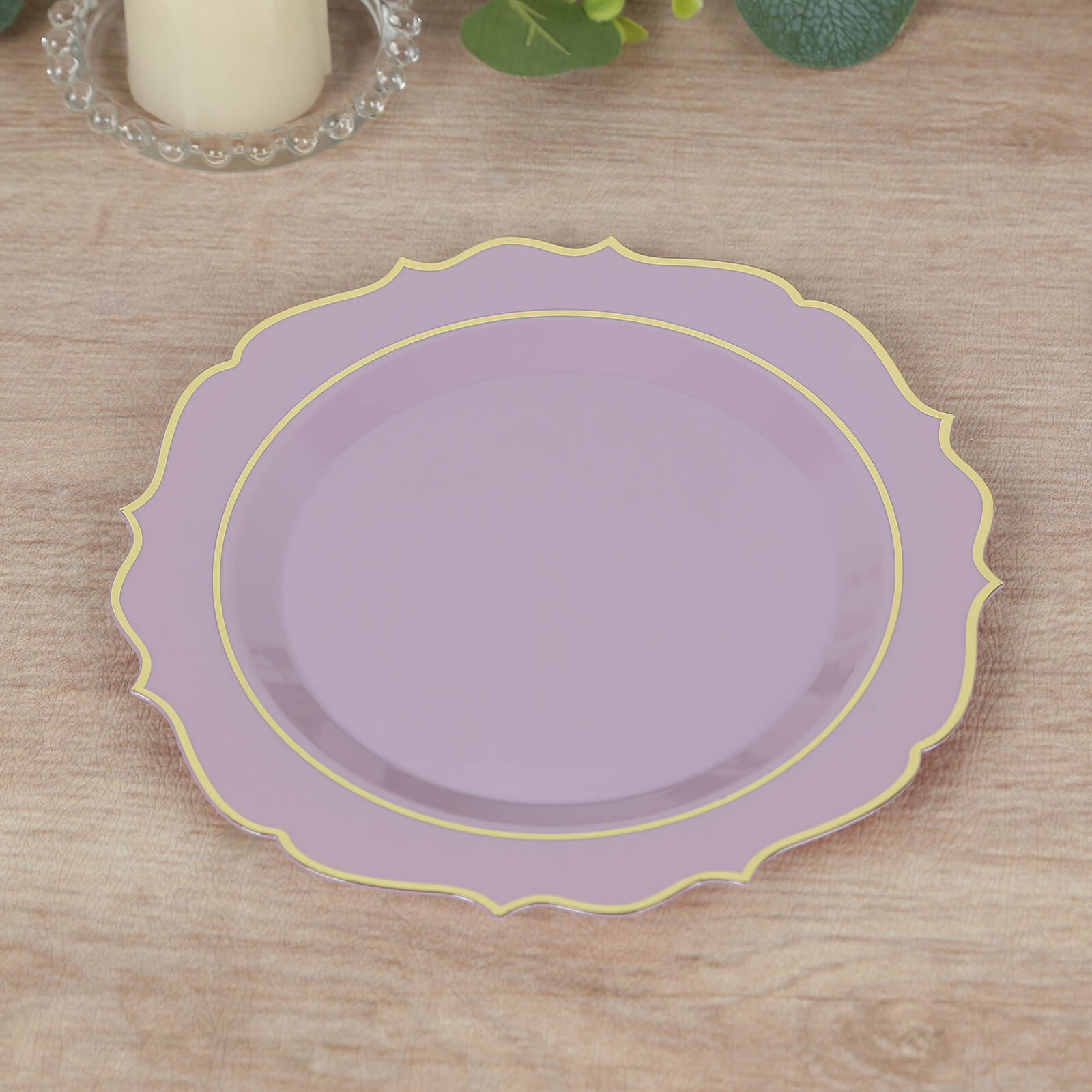 10-Pack Plastic 8" Round Desert Plates in Lavender Lilac with Gold Scalloped Rim - Disposable Appetizer/Salad Plates