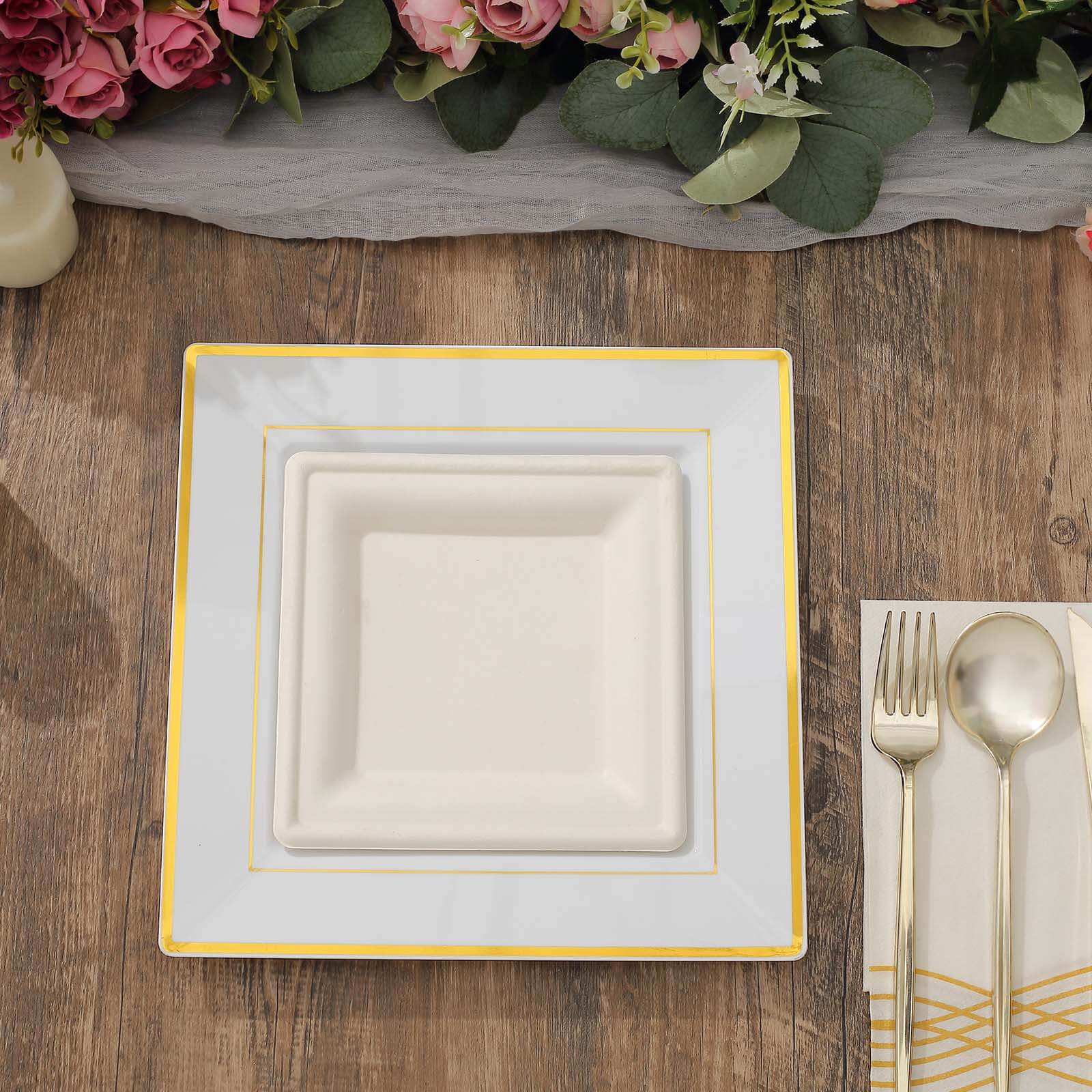 10-Pack Plastic Dinner Plates White Square with Gold Trim - Lightweight Disposable Plates for Events 10"