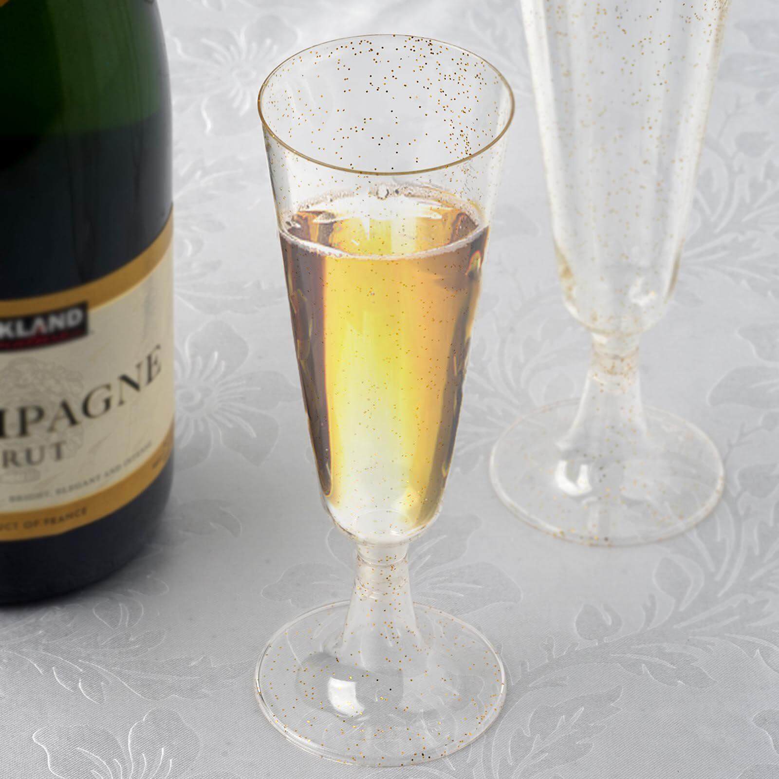 12-Pack Plastic Champagne Glasses Gold Glittered Short Stem - Stylish Disposable Flutes with Detachable Base for Toasts 5oz