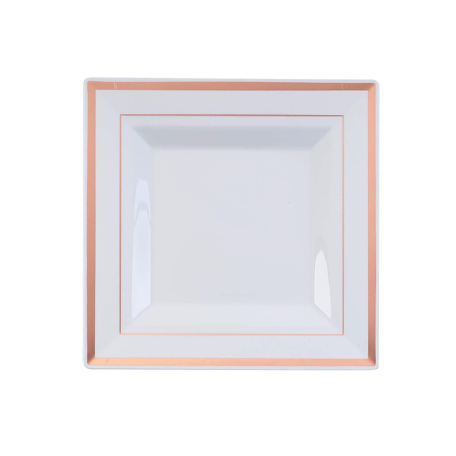10-Pack Plastic Salad Dessert Plates White Square with Rose Gold Trim - Durable Disposable Appetizer Plates 7"
