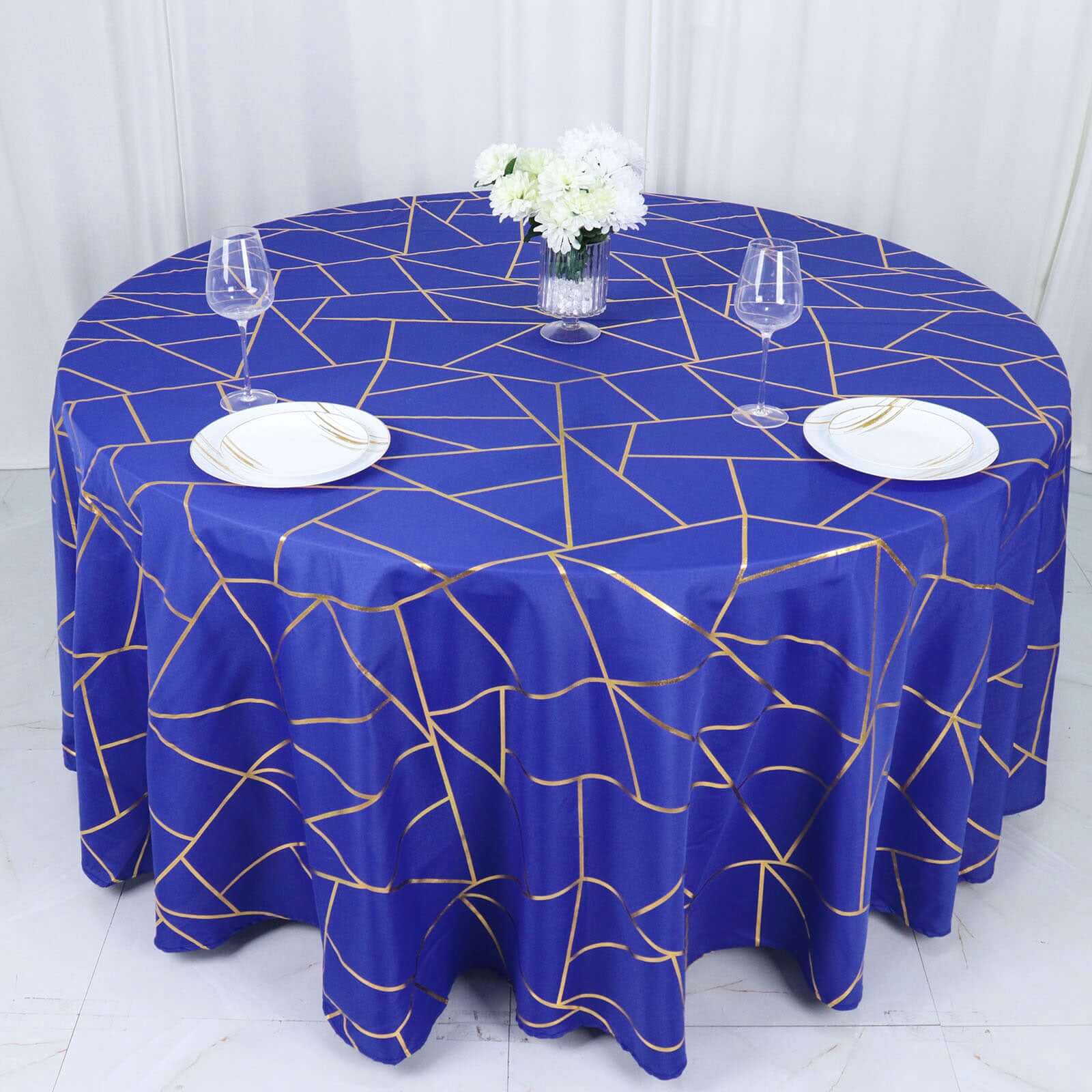 Polyester 120" Round Tablecloth Royal with Gold Foil Geometric Pattern Wrinkle-Resistant Seamless Table Cover