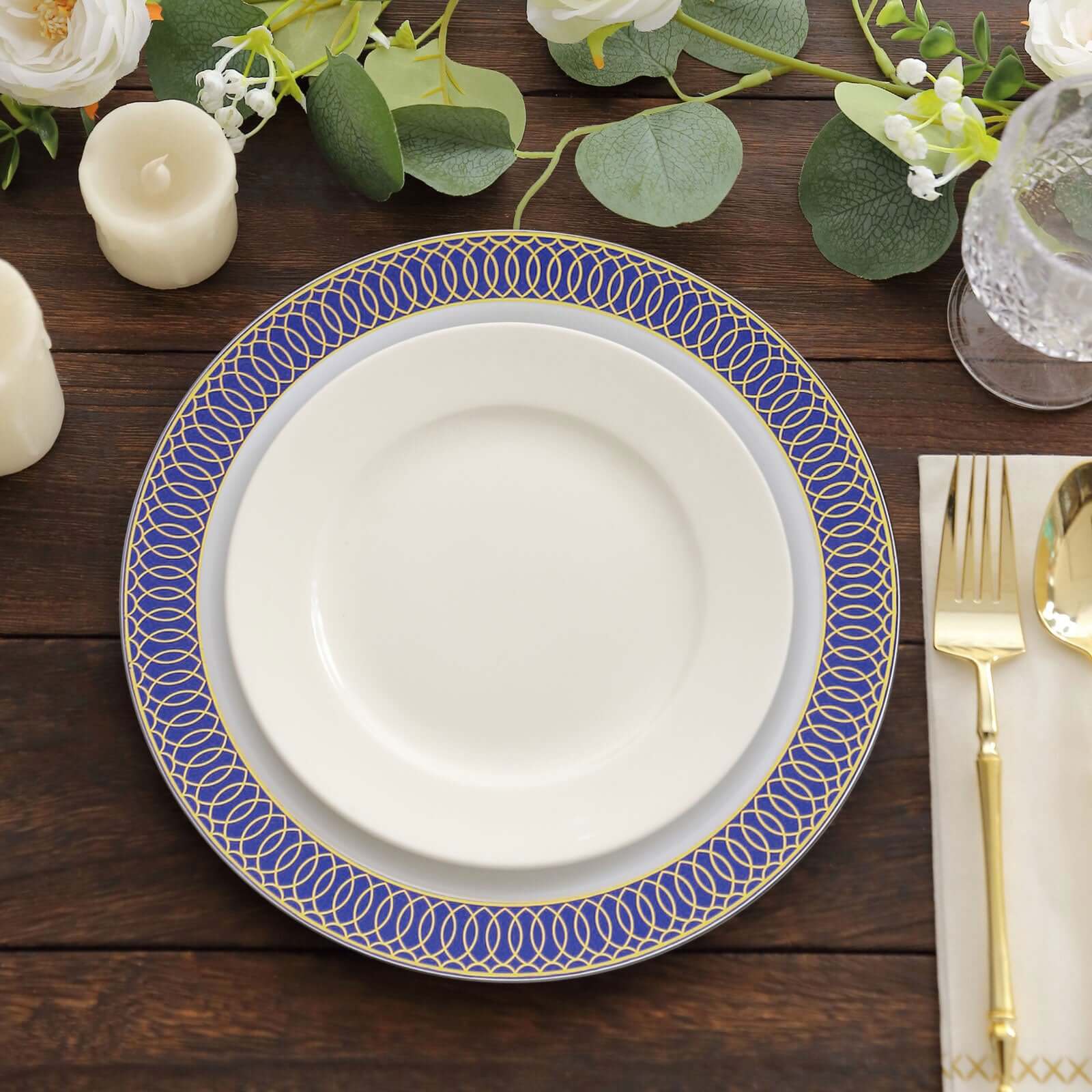 10-Pack Plastic Round Dinner Plates 10" White with Navy Blue Gold Spiral Rim - Chic Disposable Party Plates
