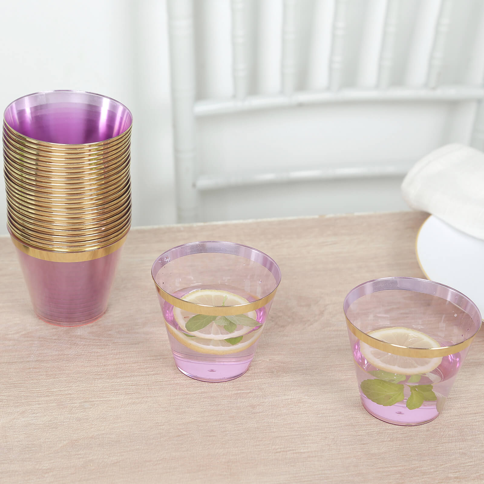 25-Pack Plastic Party Cups Transparent Purple Crystal with Gold Rim - Stylish Short Disposable Glasses 9oz