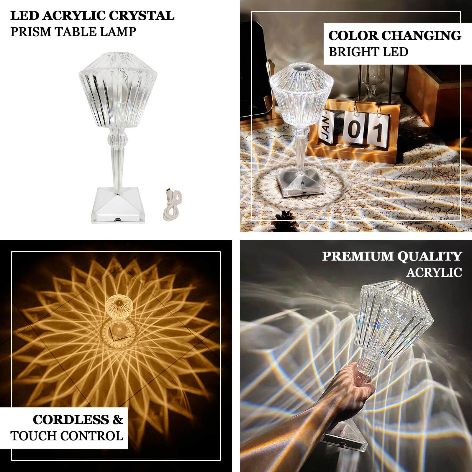 LED Acrylic Table Lamp Prism Design Color Changing - Rechargeable Cordless Touch Control Accent Light 10"