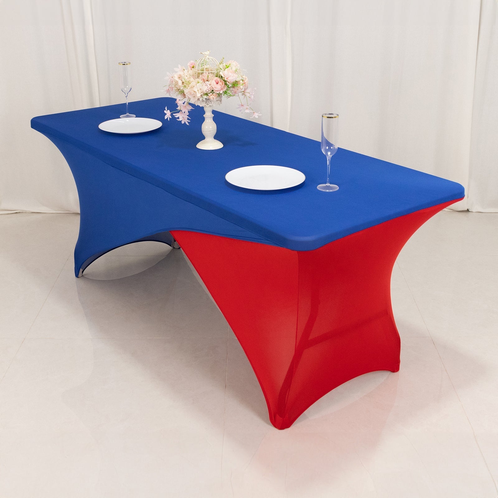 Stretch Spandex 72"x30" Rectangle Table Cover Royal Blue/Red Cross Over Design - Two-Piece Fitted Tablecloth with Elastic Foot Pockets