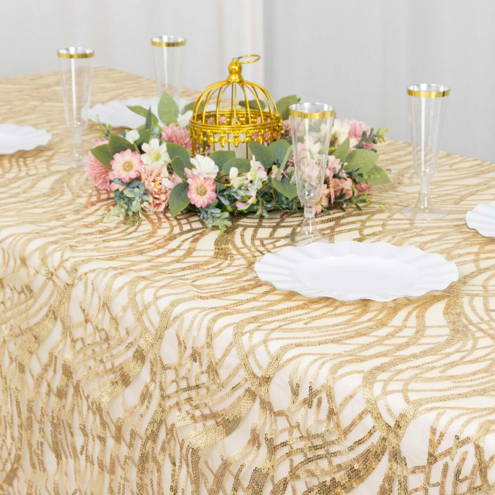 Mesh 90"x156" Rectangle Tablecloth Champagne - Wave Sequin Embroidered Table Cover
