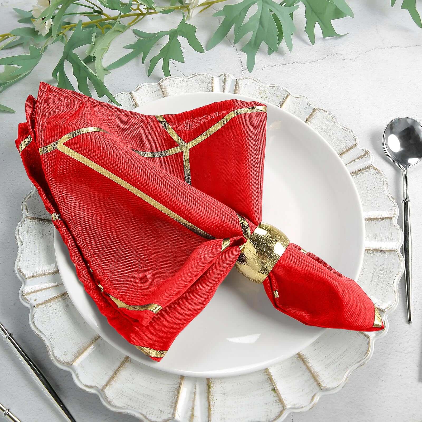 5 Pack Polyester 20"x20" Napkins Red with Gold Geometric Foil Pattern - Modern Reusable Dinner Napkins