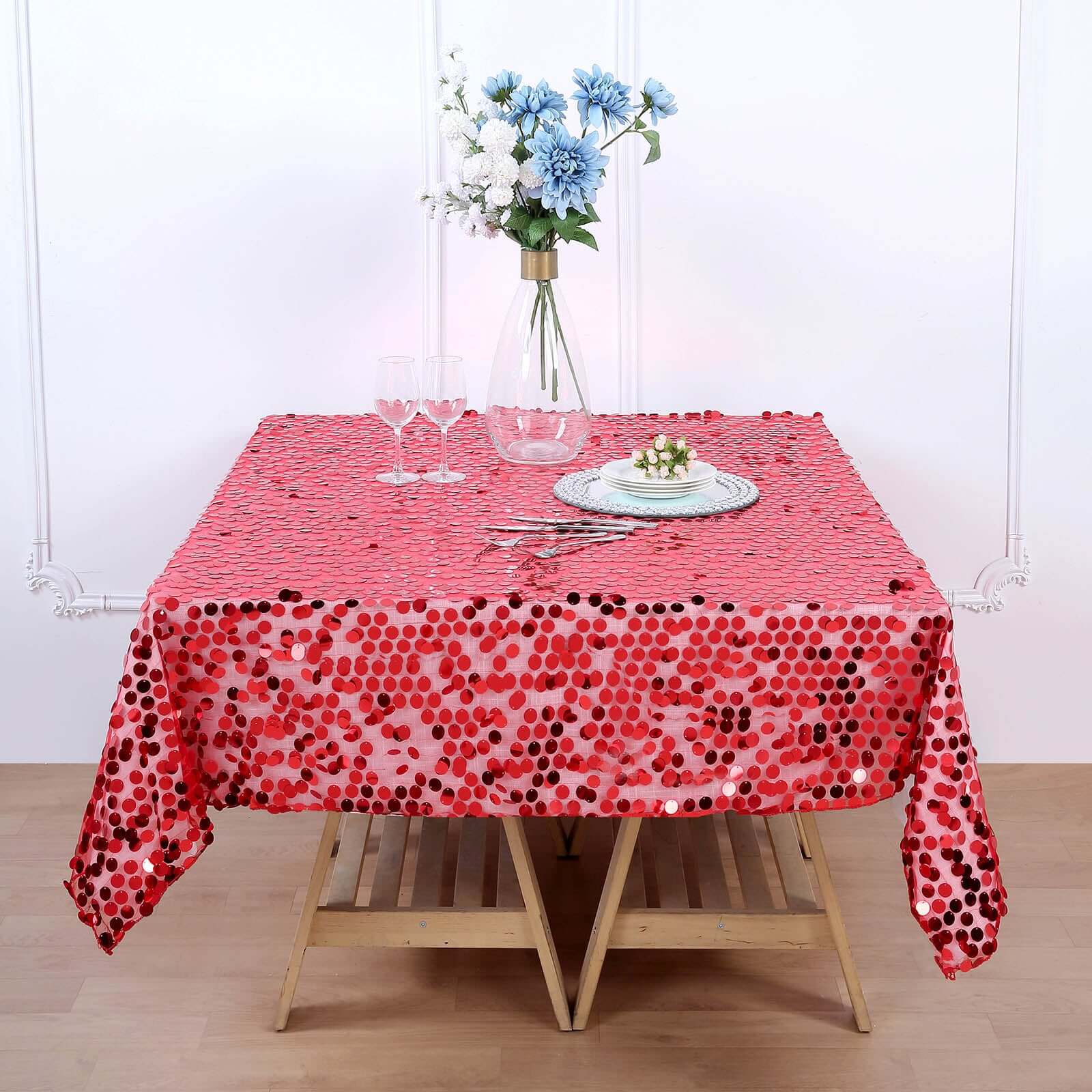 Sequin 72"x72" Table Overlay Square Tablecloth Red - Big Payette Table Cover