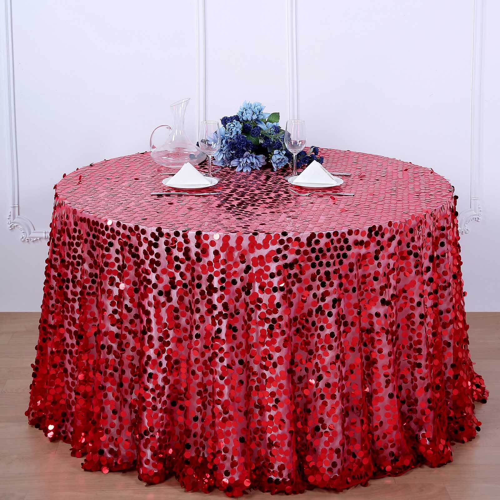 Sequin 120" Round Tablecloth Red - Seamless Big Payette Design Table Cover