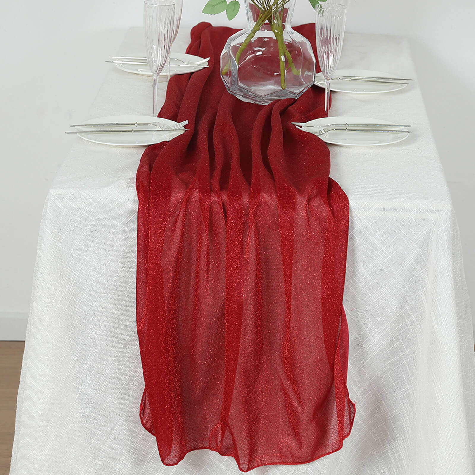 Glitter Gauze 27"x120" Table Runner Red - Sparkling Reusable Sheer Table Linen
