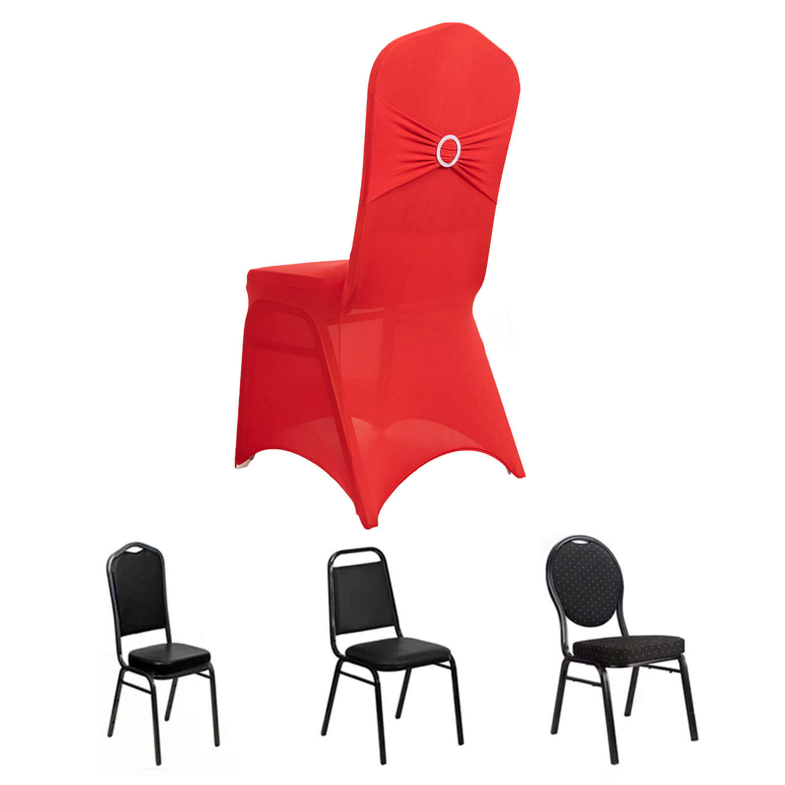 Spandex Chair Cover with Red Rhinestone Buckled Sash Band Blush - Stretch Fitted Slipcover
