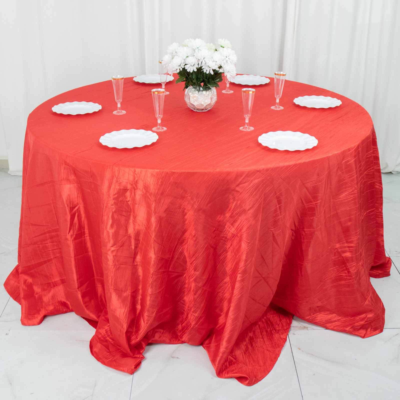 Taffeta 132" Round Tablecloth Red - Seamless Accordion Crinkle Table Cover