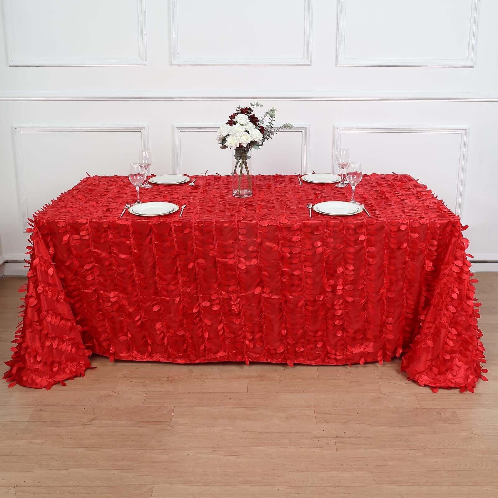 Taffeta 90"x132" Rectangle Tablecloth Red | 3D Leaf Petal Design Seamless Table Cover