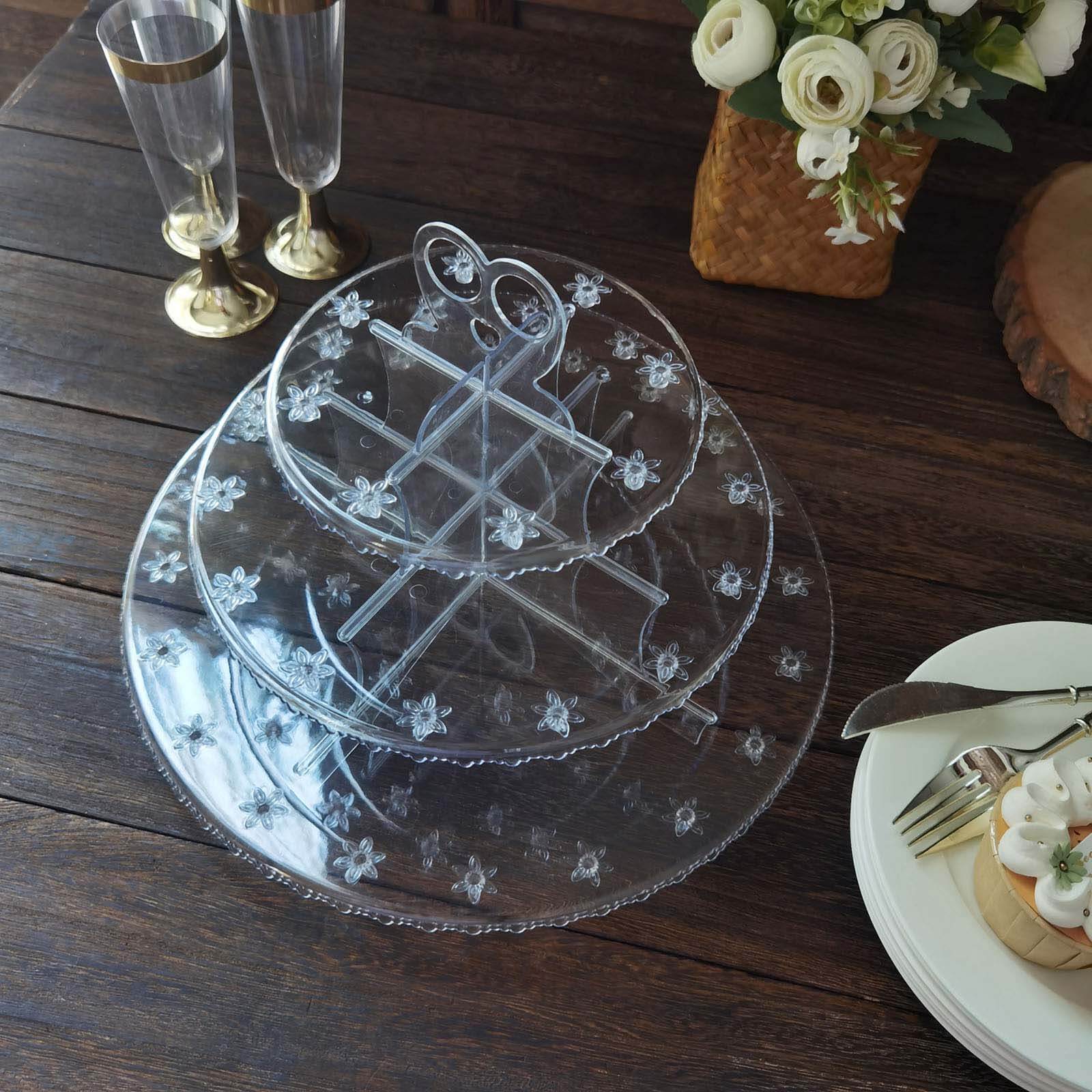 3-Tier Plastic Cucpake & Cake Pop Stand Clear - Decorative Reusable Lollipop Holder Dessert Tower with Floral Edges for Birthday Baby Shower & Tea Parties 12"