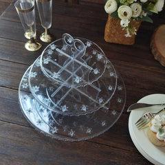 3-Tier Plastic Cucpake & Cake Pop Stand Clear - Decorative Reusable Lollipop Holder Dessert Tower with Floral Edges for Birthday Baby Shower & Tea Parties 12"