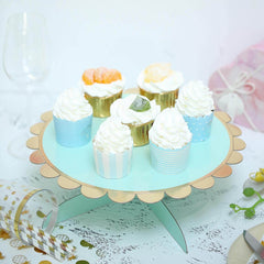 1-Tier Cardboard Cake Stand Mint - Stylish Reusable Cupcake Dessert Holder with Gold Scalloped Rim for Baby Showers Birthdays & Events 13"