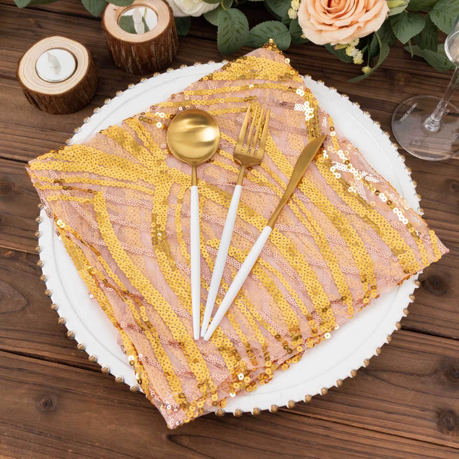 Sequin Mesh 20"x20" Napkin Rose Gold - Wave Embroidered Reusable Napkin