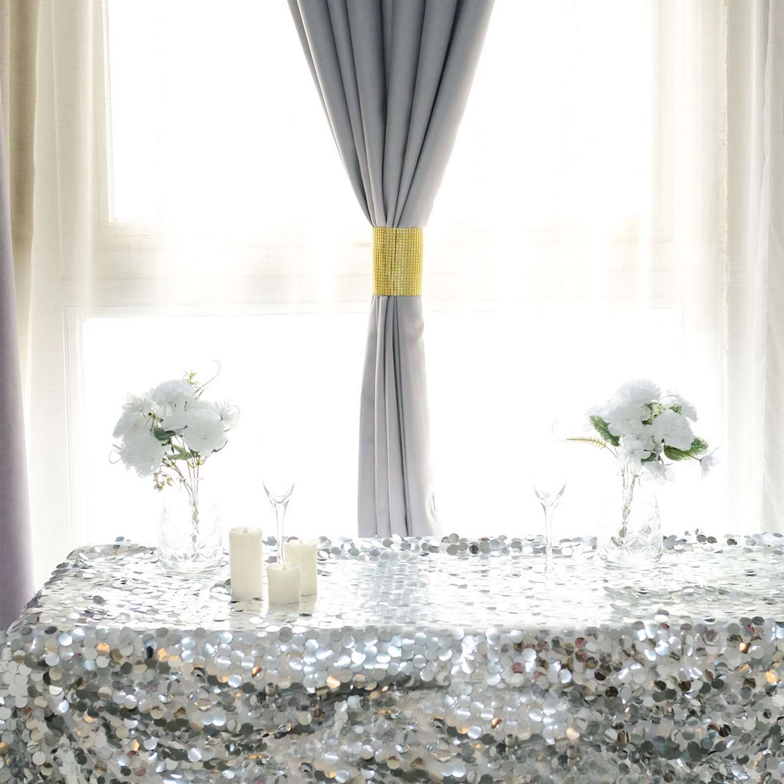 4 Pack Gold Rhinestone Mesh Velcro Backdrop Curtain Bands, Large Chair Sash Clip Tie Backs - 5"X10"