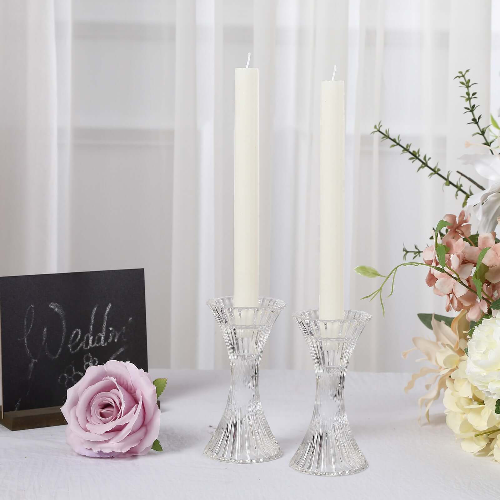 2-Pack Crystal Pillar Candlestick Stands Hour Glass Design with Diagonal Stripes Clear - Reversible Taper Holders 5"