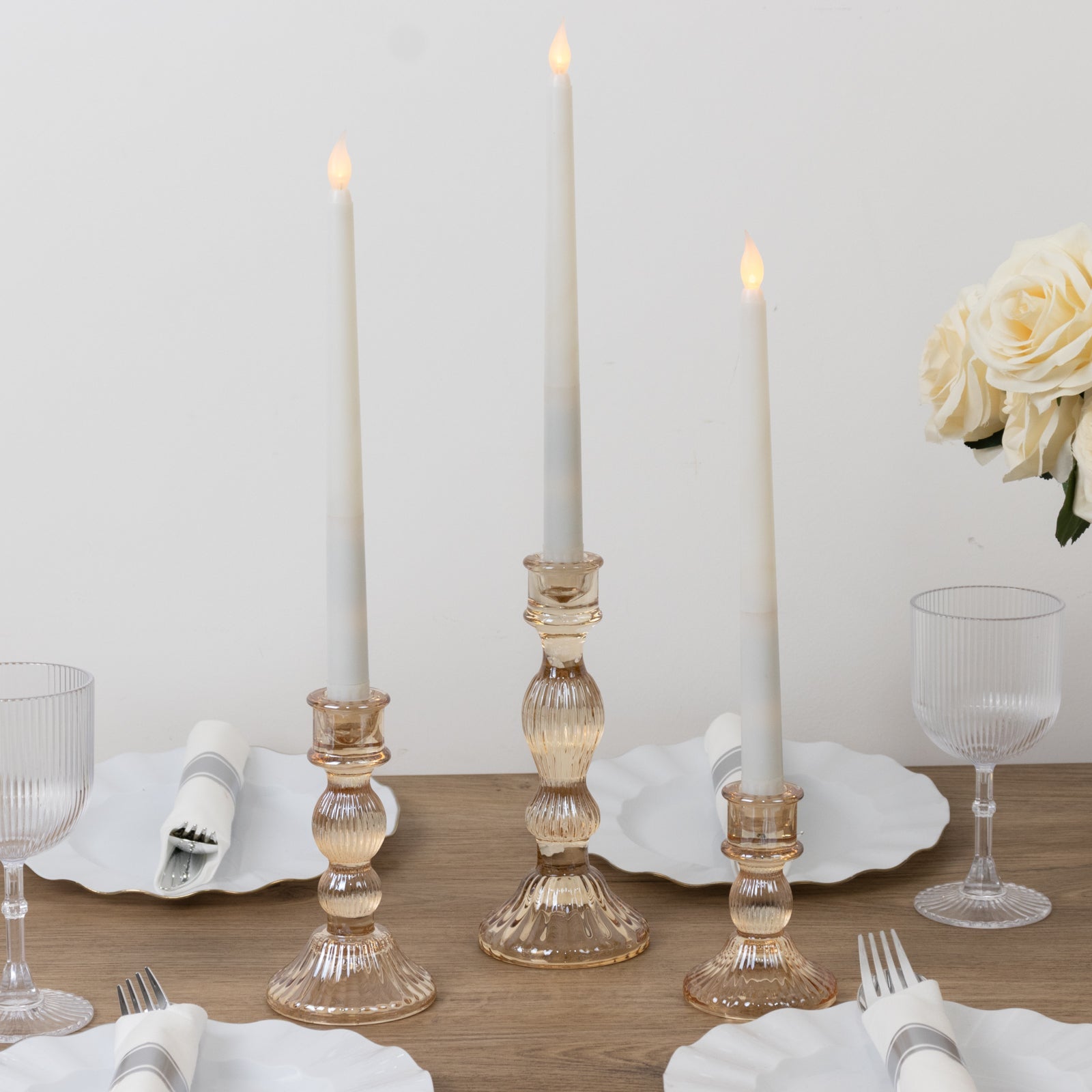 Set of 3 Amber Gold Ribbed Glass Taper Candlestick Holders, Fluted Crystal Candle Stands - 4", 6", 8"