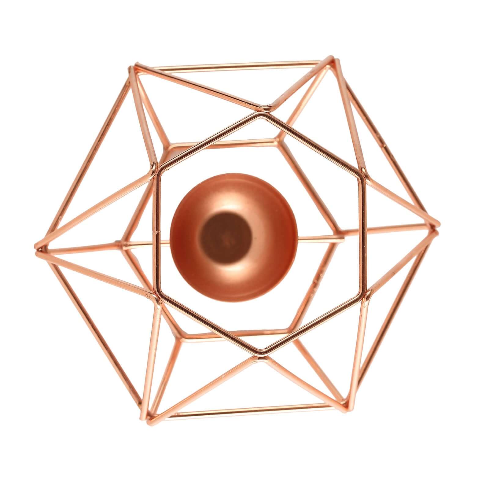Set of 2 Candle Holders Metal Hexagon Geometric Design Rose Gold - Modern Decorative Centerpieces for Tables 4"x3"