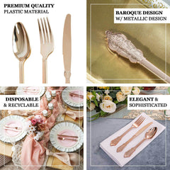 24 Pack Metallic Rose Gold 8" Baroque Style Heavy Duty Plastic Forks