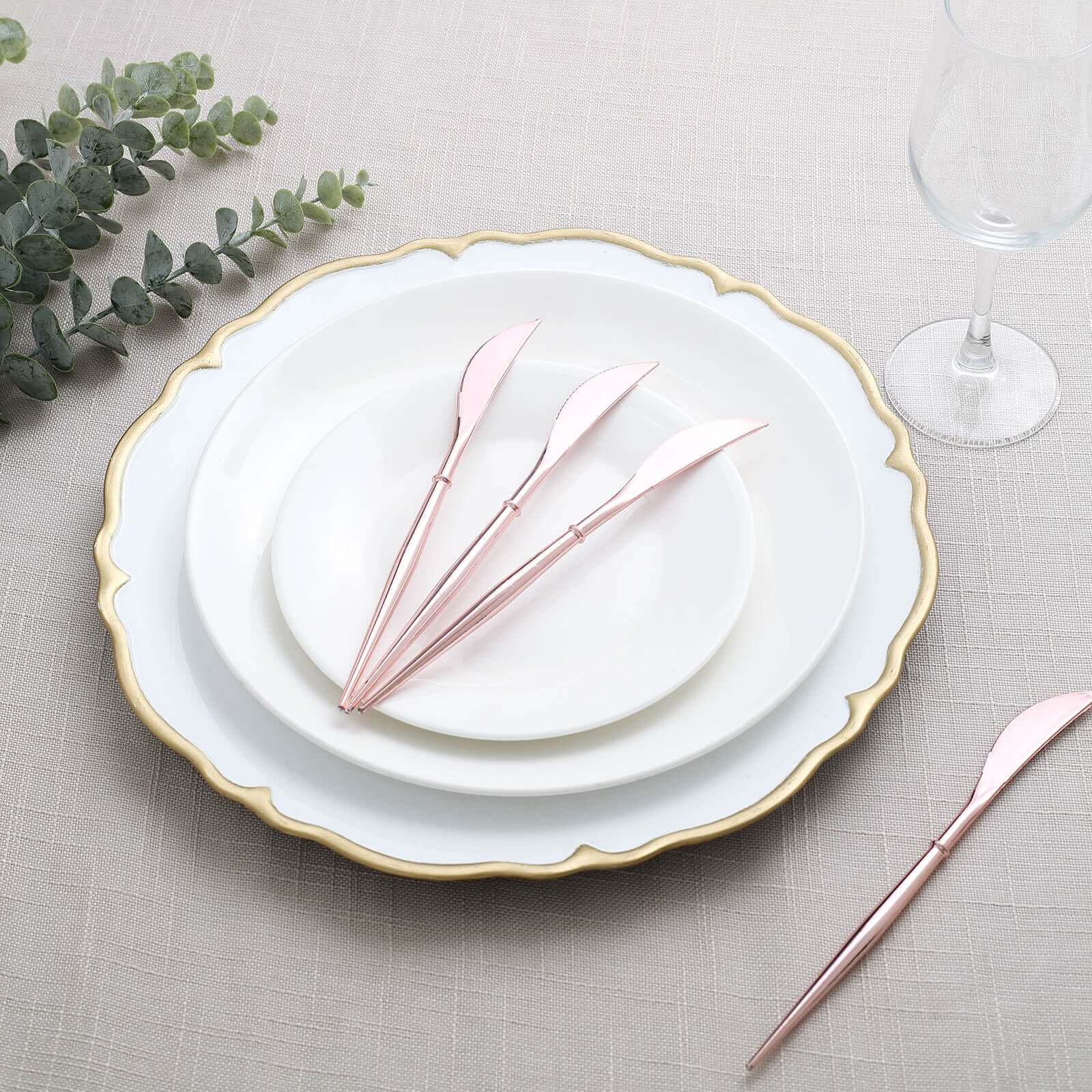 24-Pack Plastic Knives Modern Flatware Rose Gold - Premium Heavy Duty Disposable Silverware 8"