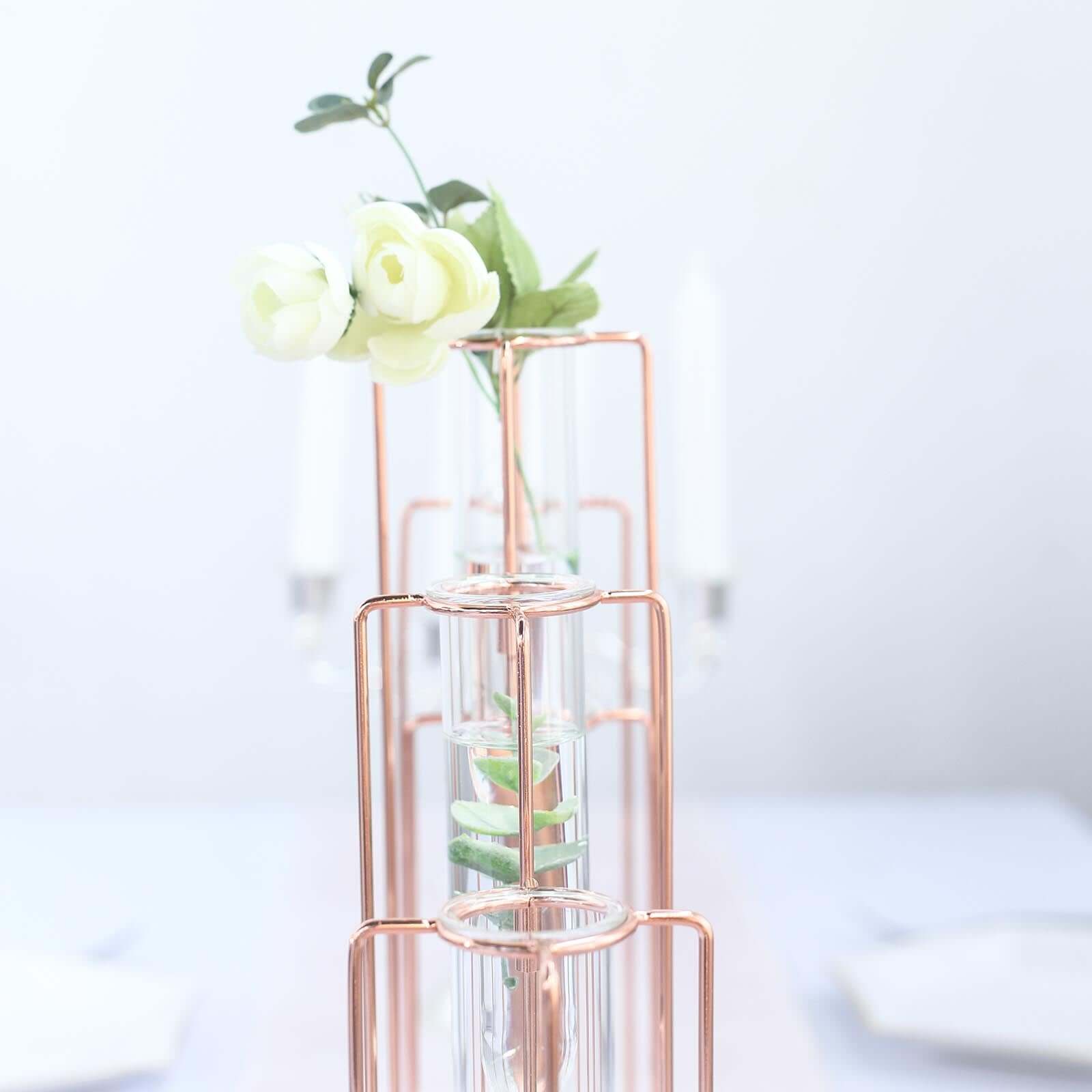 Set of 5 Wedding Centerpieces Rose Gold Frame Conjoined Geometric Design - Test Tube Hydroponic Vases 15"