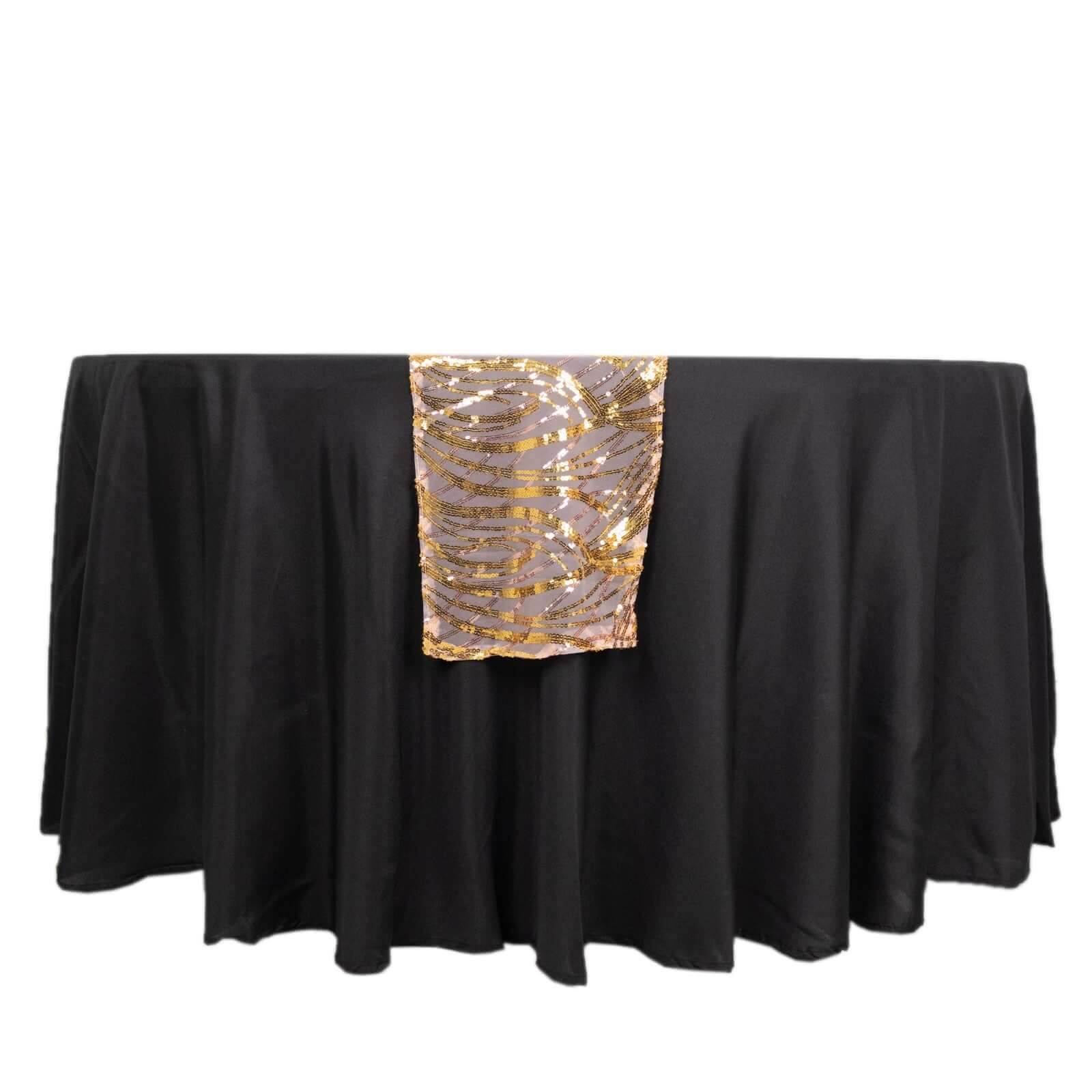 Sequin Mesh 12"x108" Table Runner Rose Gold Stylish Wave Embroidery