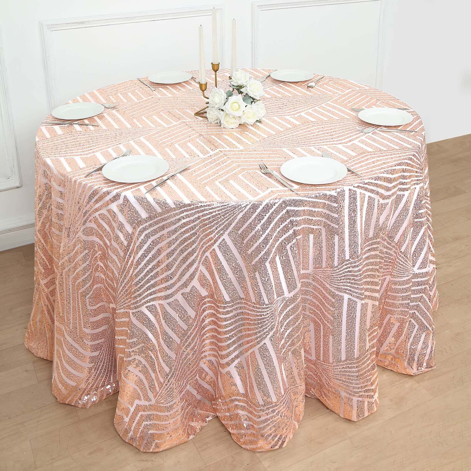 Sequin 120" Round Tablecloth Rose Gold - Seamless Diamond Glitz Table Cover