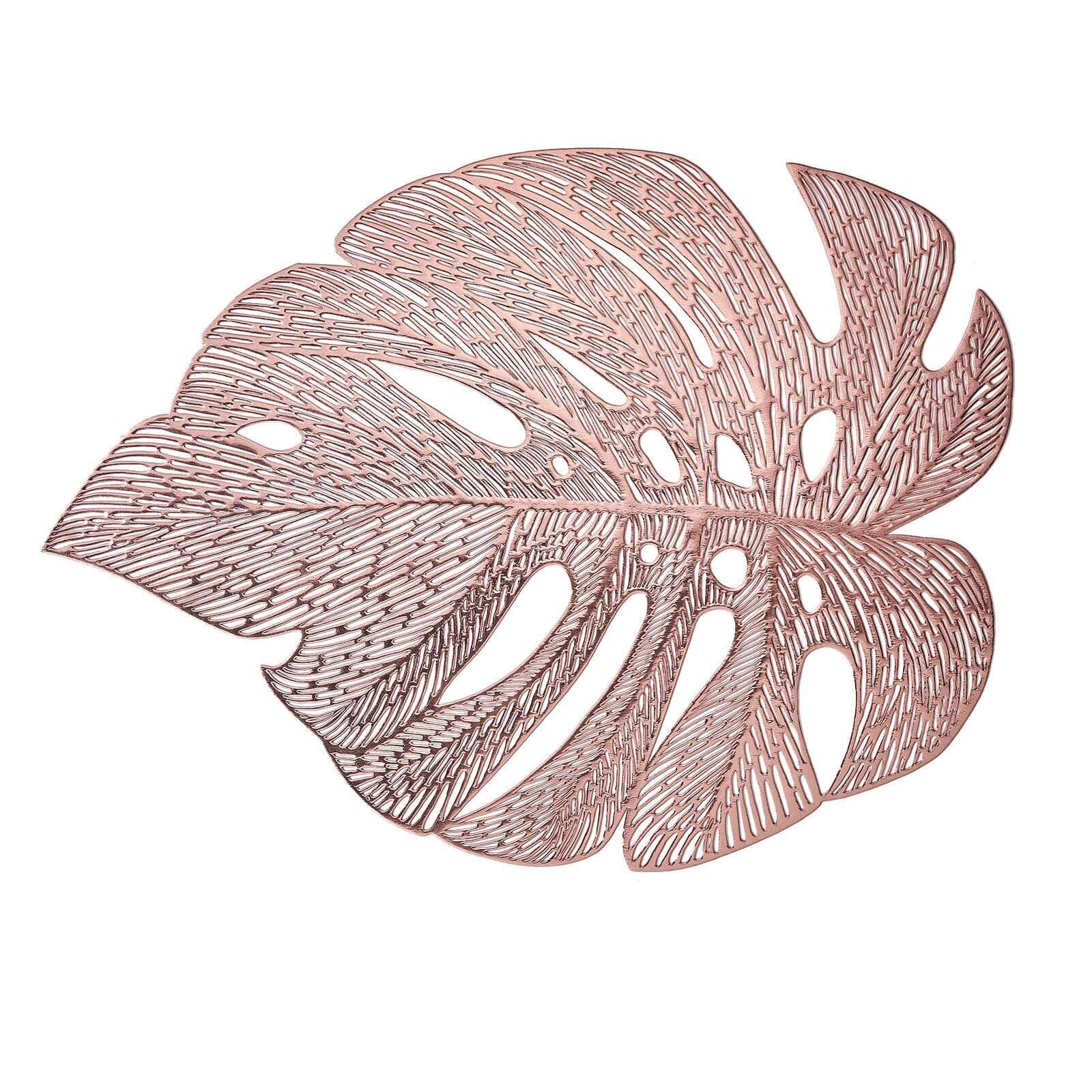 6-Pack Dining Table Mats Monstera Leaf Design Rose Gold - Vinyl Non-Slip Surface for Tropical Themes 18"