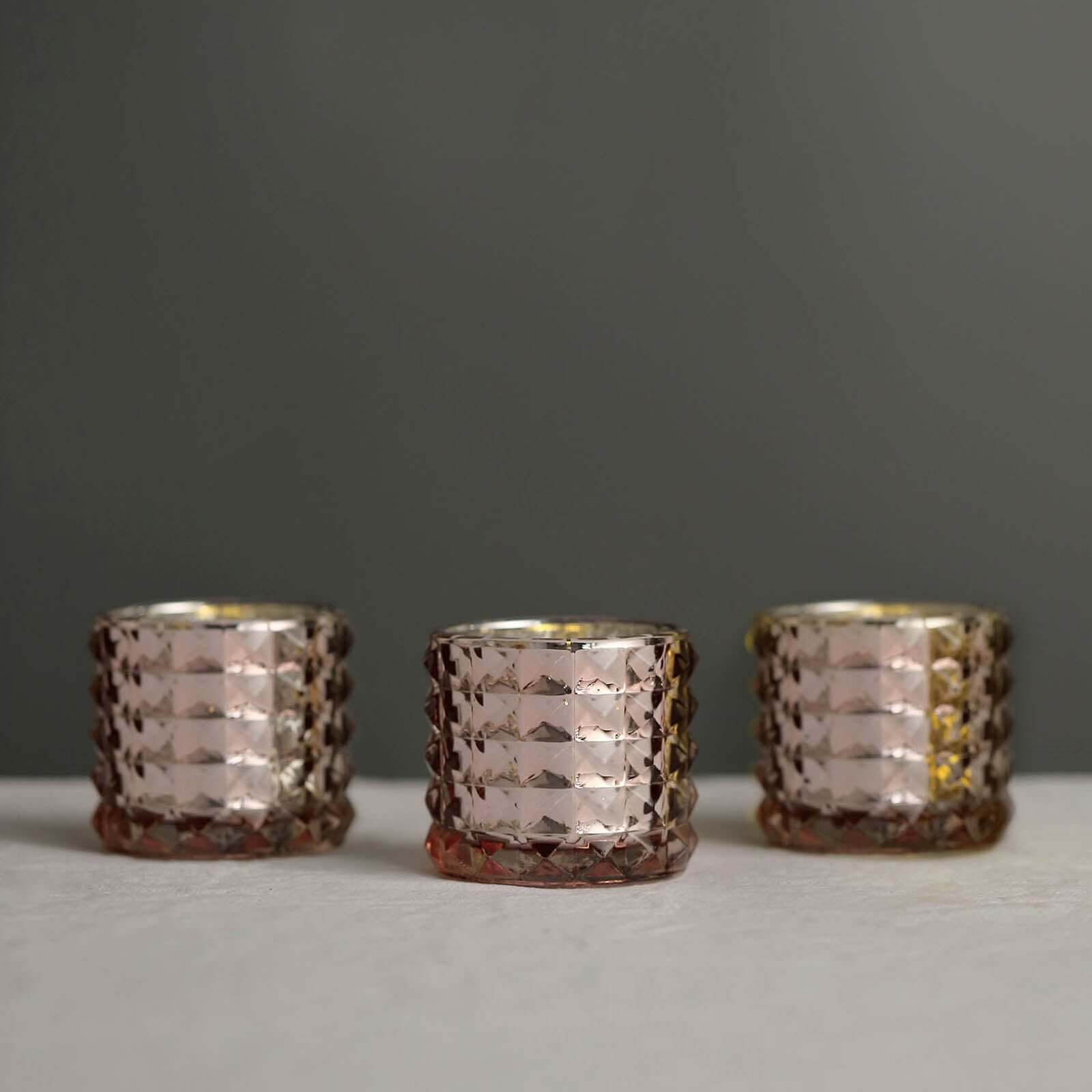 6-Pack Mercury Glass Votive Holders Studded Faceted Design Rose Gold - Tealight Candle Holders 3"