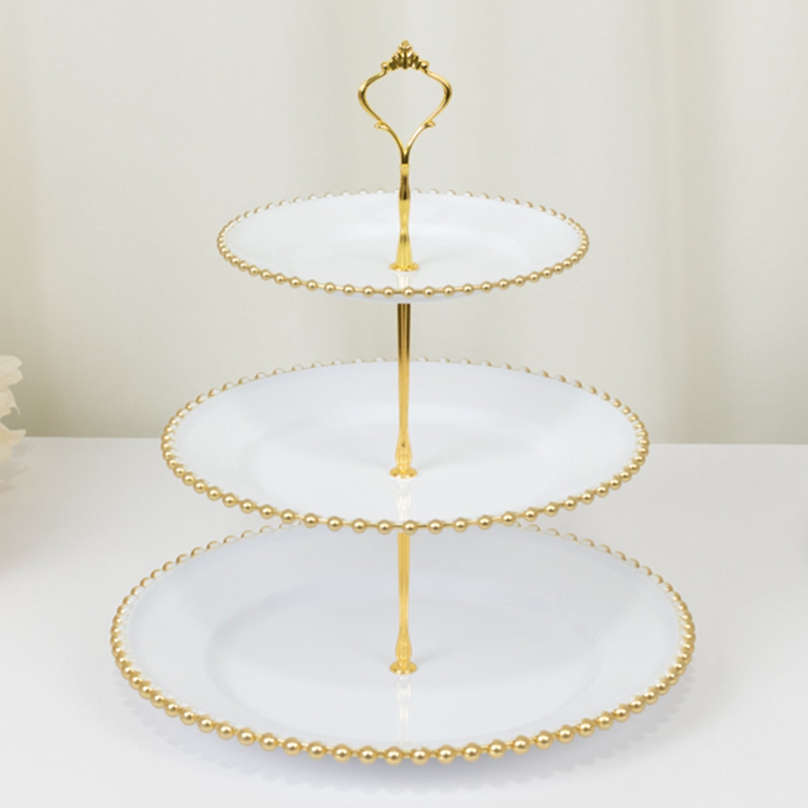 14" White 3-Tier Plastic Dessert Display Stand With Gold Beaded Rim, Round Cupcake Tower Tea Party Serving Platter With Top Handle
