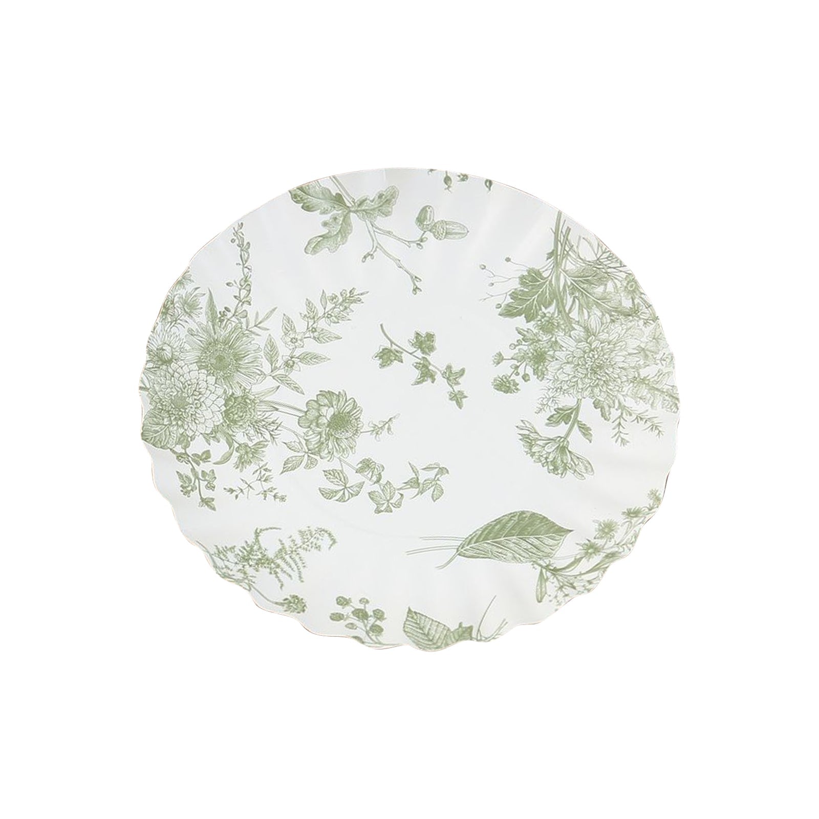 100-Pack Paper 3.5" Round Plates in White with Sage Green French Toile Design & Scalloped Rim - Disposable Mini 250GSM Dessert Party Plates for Tapas, Appetizers & Finger Foods