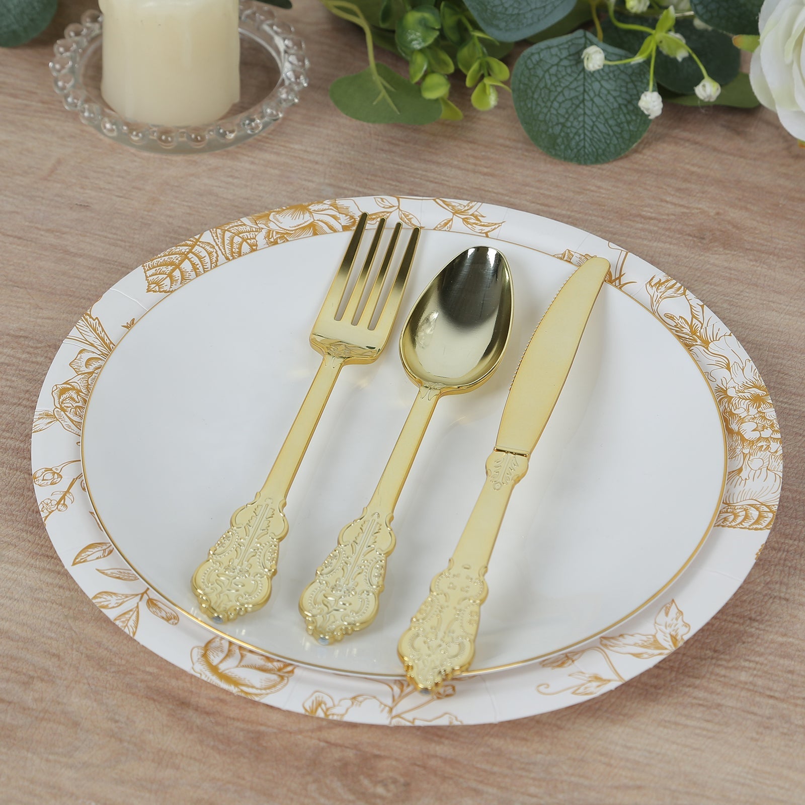 25-Pack Paper 9" Round Dinner Plates in White with Gold French Toile Pattern - Disposable Floral Party Plates for Stylish Events