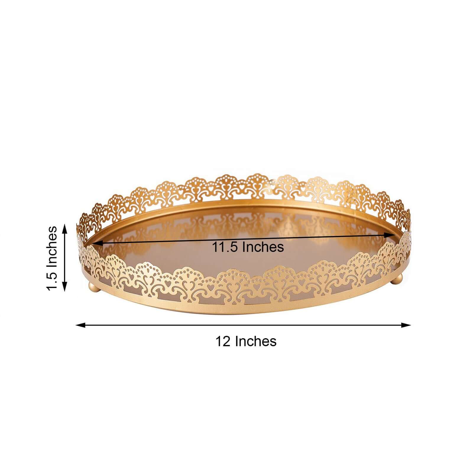 12" Gold Premium Metal Decorative Vanity Serving Tray, Round With Embellished Rims