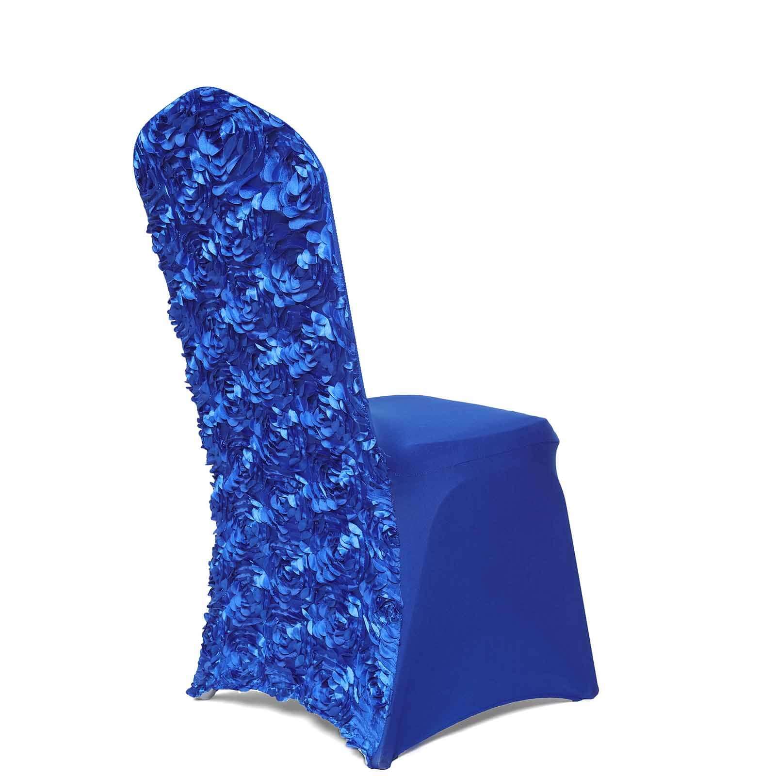 Satin Rosette Chair Cover for Banquet Chairs Royal Blue - Stretch Fitted Slip-On Slipcover