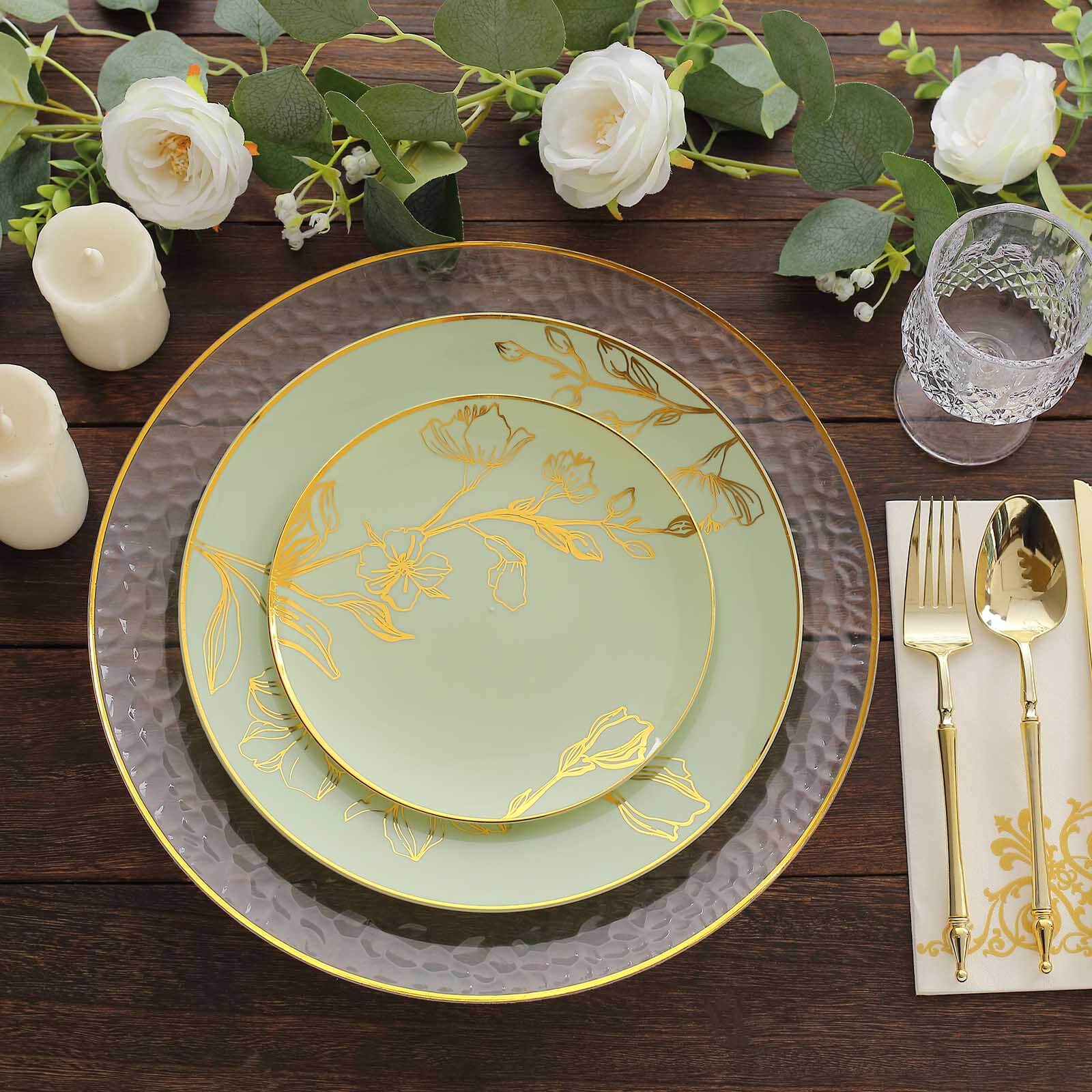 Set of 20 Plastic Round Dinner and Dessert Plates in Sage Green with Metallic Gold Floral Design - Stylish Disposable Dinnerware 8", 10"