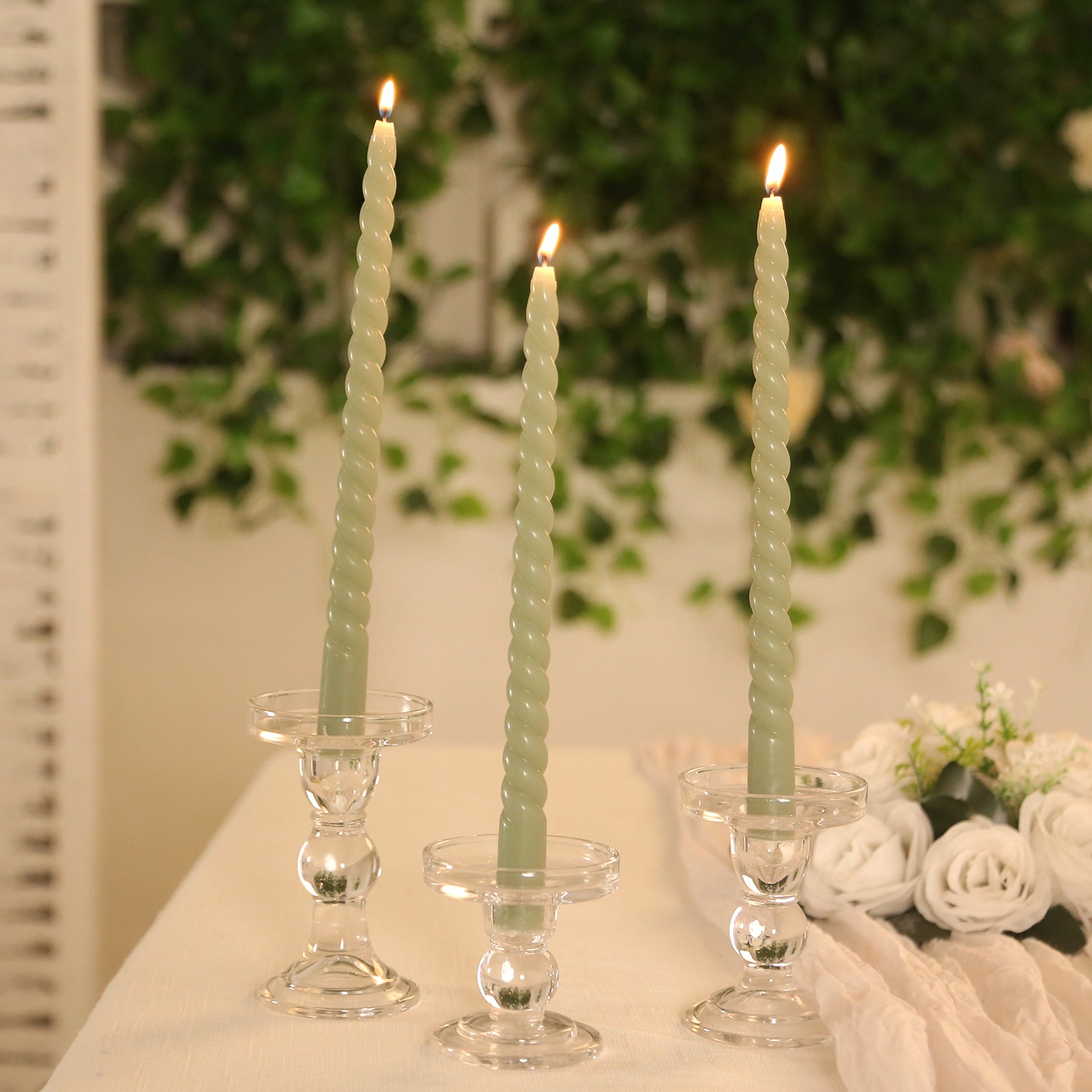 12 Pack 11" Sage Green Premium Unscented Spiral Wax Taper Candles, Long Burn Wick Dinner Candle Sticks