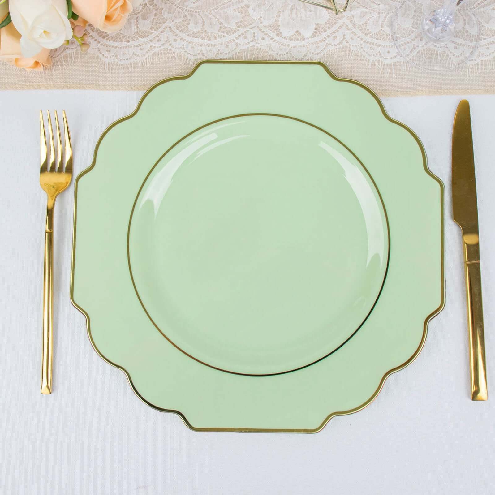 10-Pack Plastic Dinner Plates in Sage Green Baroque Design with Scalloped Gold Rim - Heavy Duty Disposable Party Plates 11"