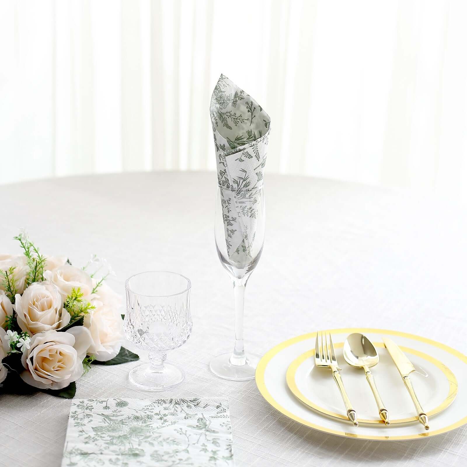 20-Pack Paper Cocktail Napkins with French Toile Print White/Sage Green - Disposable 2 Ply Beverage Napkins for Events 5"x5"