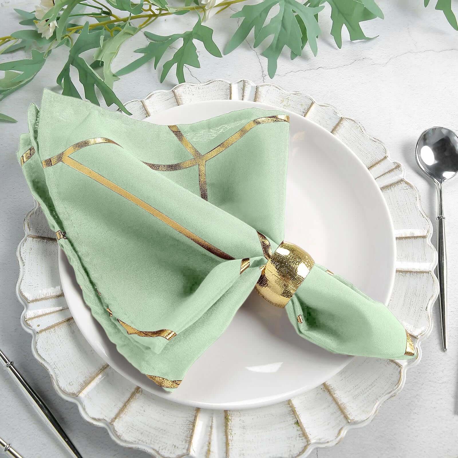 5 Pack Polyester 20"x20" Napkins Sage Green with Gold Geometric Foil Pattern - Modern Reusable Dinner Napkins