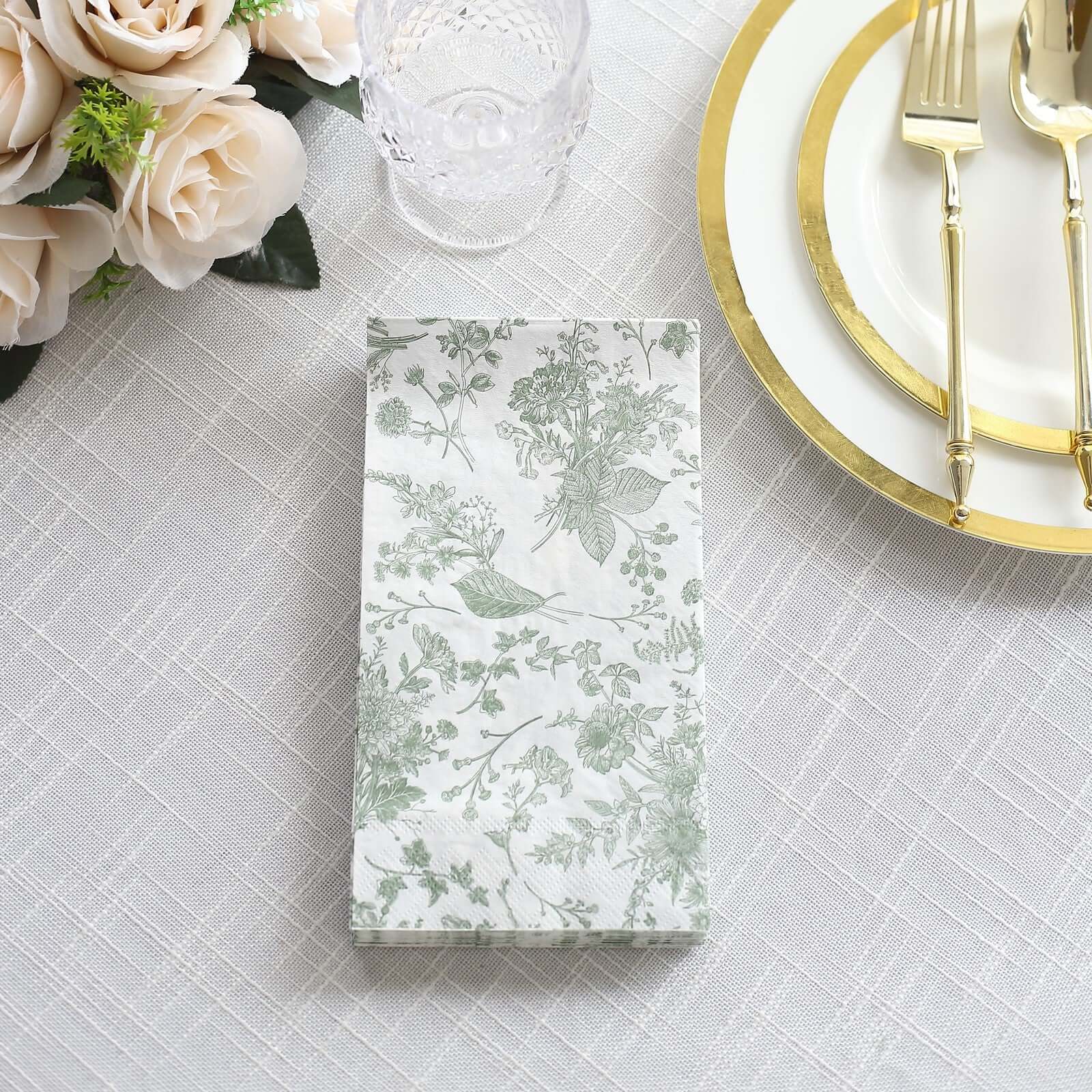 20-Pack Paper Dinner Napkins White/Sage Green with French Toile Pattern 2 Ply - Stylish Disposable Napkins for Parties