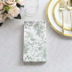20-Pack Paper Dinner Napkins White/Sage Green with French Toile Pattern 2 Ply - Stylish Disposable Napkins for Parties