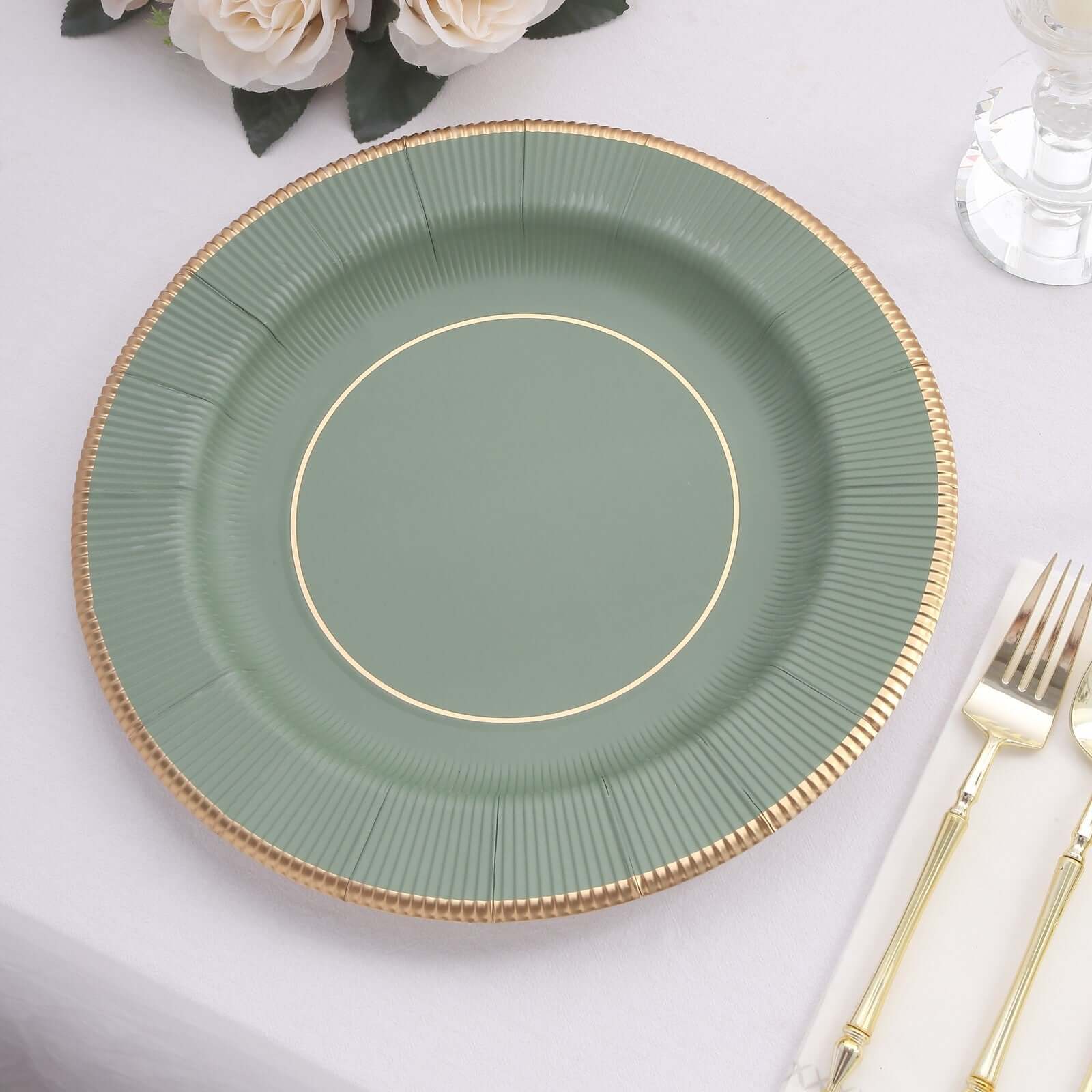 25-Pack Disposable Round Charger Plates in Sage Green Sunray Design with Gold Rim - 350GSM Heavy Duty Paper Chargers 13"