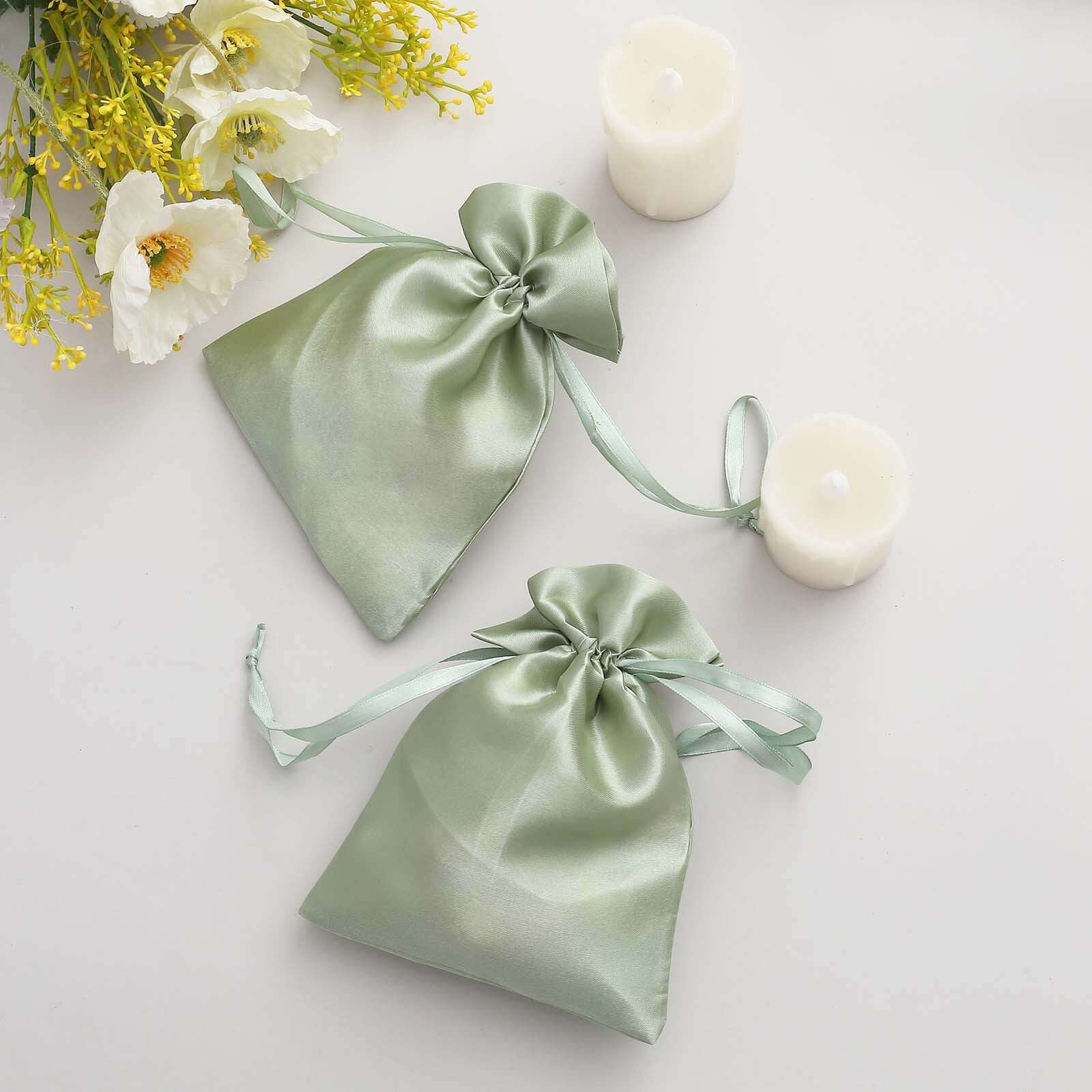12 Pack 5"x7" Sage Green Satin Drawstring Wedding Party Favor Gift Bags, Drawstring Pouch Gift Bags