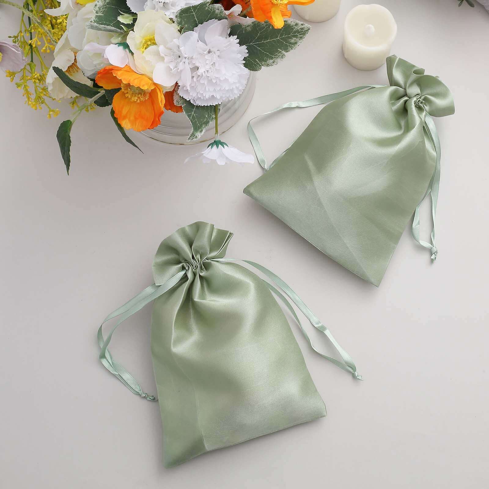 12 Pack 6"x9" Sage Green Satin Wedding Party Favor Bags, Drawstring Pouch Gift Bags