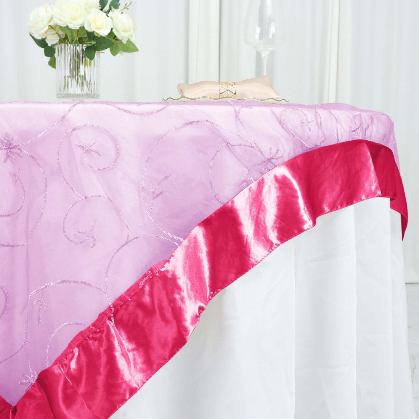 72"x72" Fuchsia Embroidered Sheer Organza Square Table Overlay With Satin Edge