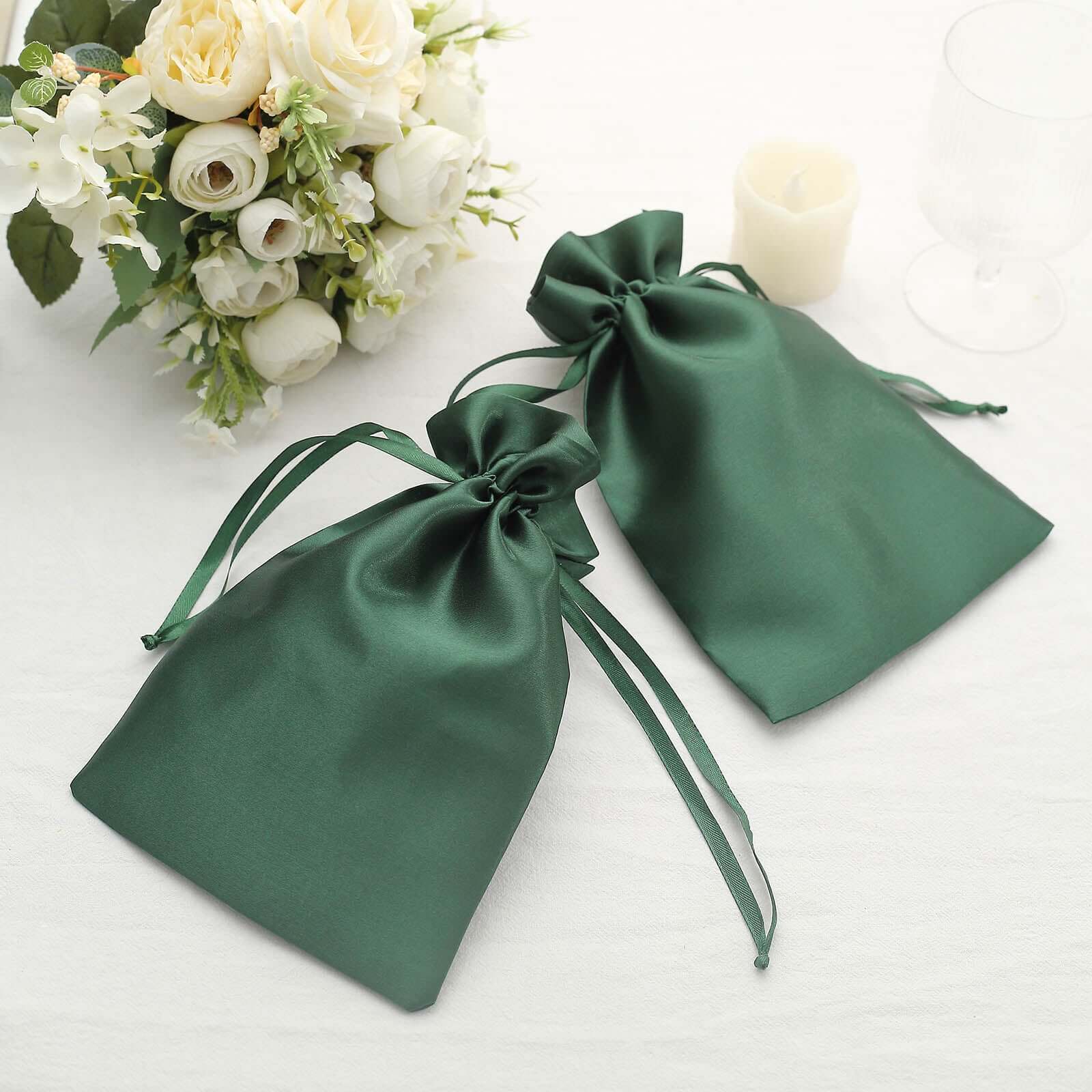 12 Pack 6"x9" Hunter Emerald Green Satin Wedding Party Favor Bags, Drawstring Pouch Gift Bags