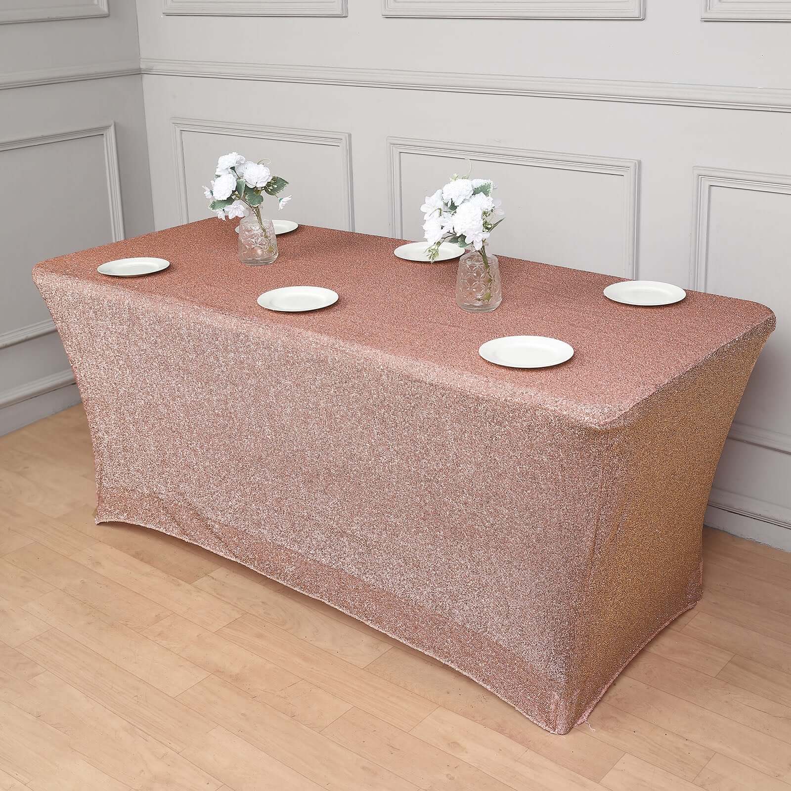 Shimmer Tinsel Spandex 72"x30" Rectangle Tablecloth Metallic Rose Gold Glittered Shiny Stretch Table Cover for Gleaming Event Decor